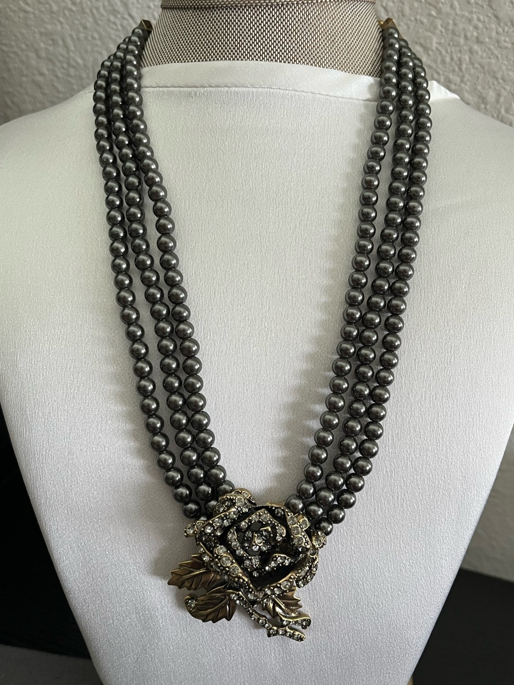 Heidi Daus Rose Elegance Gray Triple Strand Faux Pearl Crystal Flower Necklace